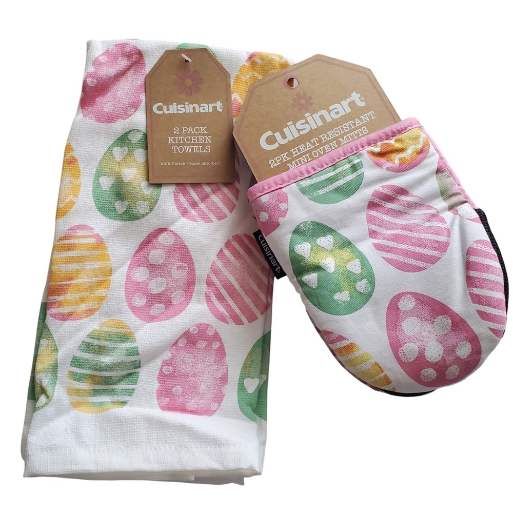 Cuisinart Easter Egg Kitchen Towels and Mini Oven Mitts Set 4pc‎ Pink Green